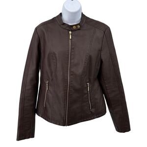 Baccini Jacket Dark Brown Womens M Faux Leather Full Zip Classic Fit Motorcycle